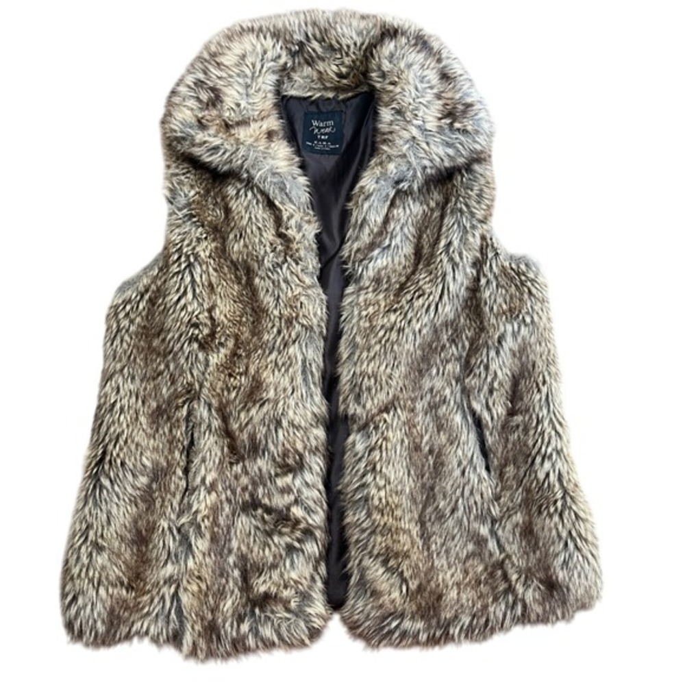 Zara Faux‎ Fur Vest Long Pile Open Front Lined Pockets – Gray/Brown
